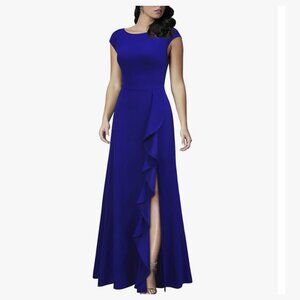 Blue Women's Cocktail Pockets Ruffled Sexy Split Party Long Dress MUSHARE, Large
